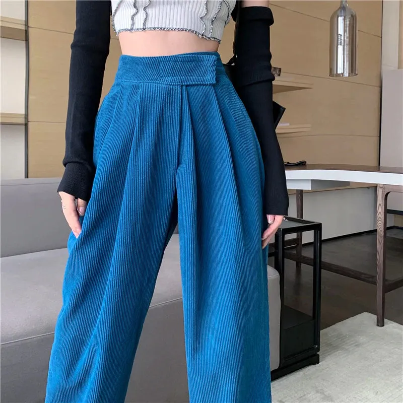 High Waist Thicken Fold Corduroy Long Pants