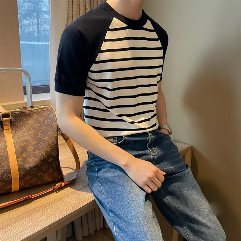 Hnzxzm Korean Trend Summer Color Striped Men's Round Neck Short Sleeve T-shirt Fashion Loose Casual Versatile Knitted Pullover Top 2024