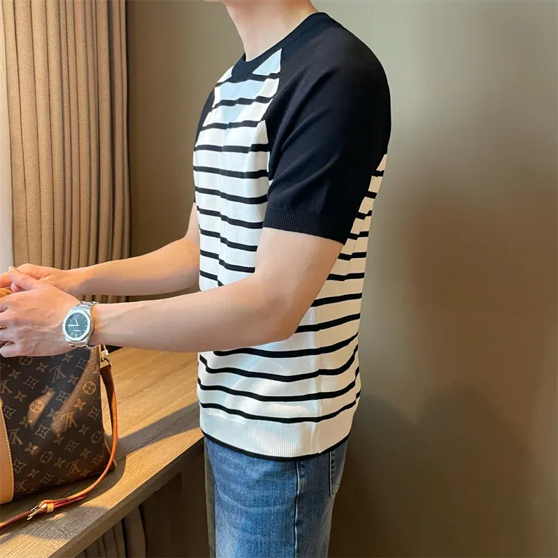 Hnzxzm Korean Trend Summer Color Striped Men's Round Neck Short Sleeve T-shirt Fashion Loose Casual Versatile Knitted Pullover Top 2024