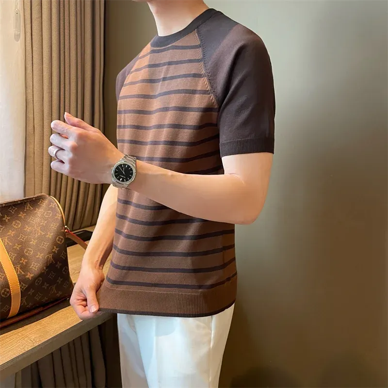 Hnzxzm Korean Trend Summer Color Striped Men's Round Neck Short Sleeve T-shirt Fashion Loose Casual Versatile Knitted Pullover Top 2024