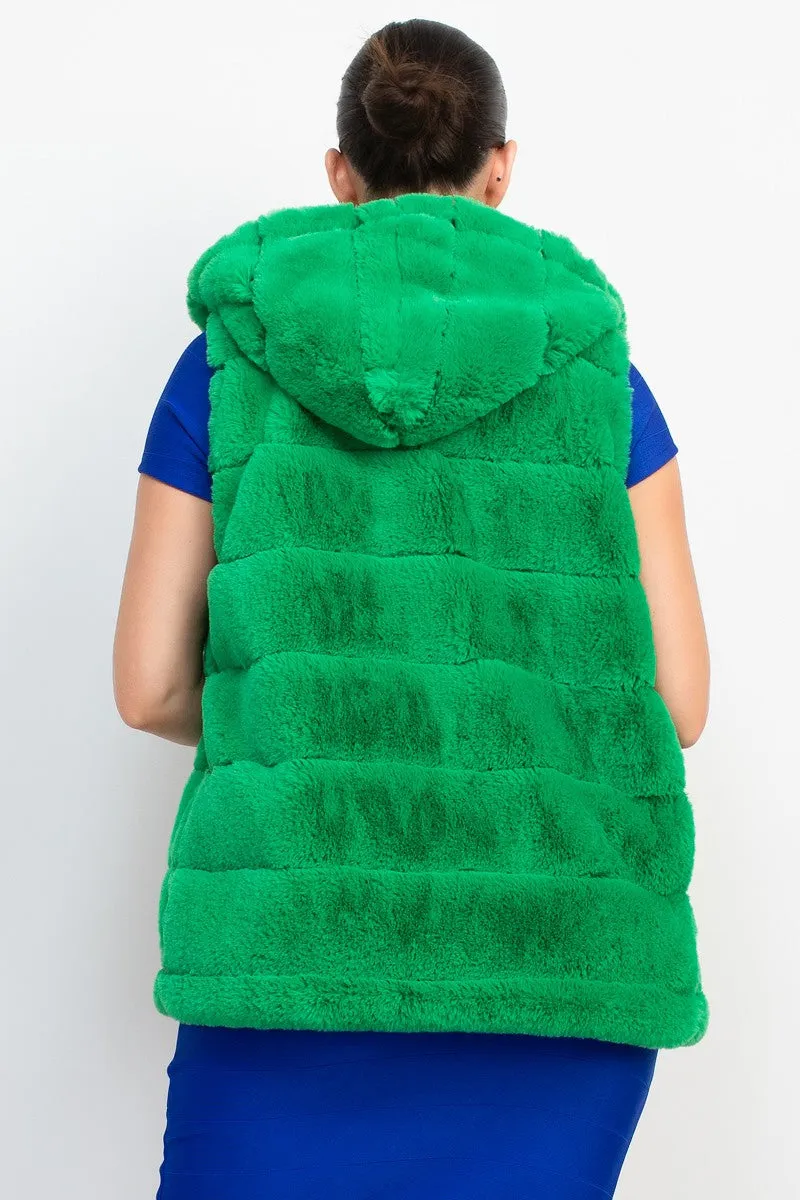 HOODED FAUX FUR VEST Green