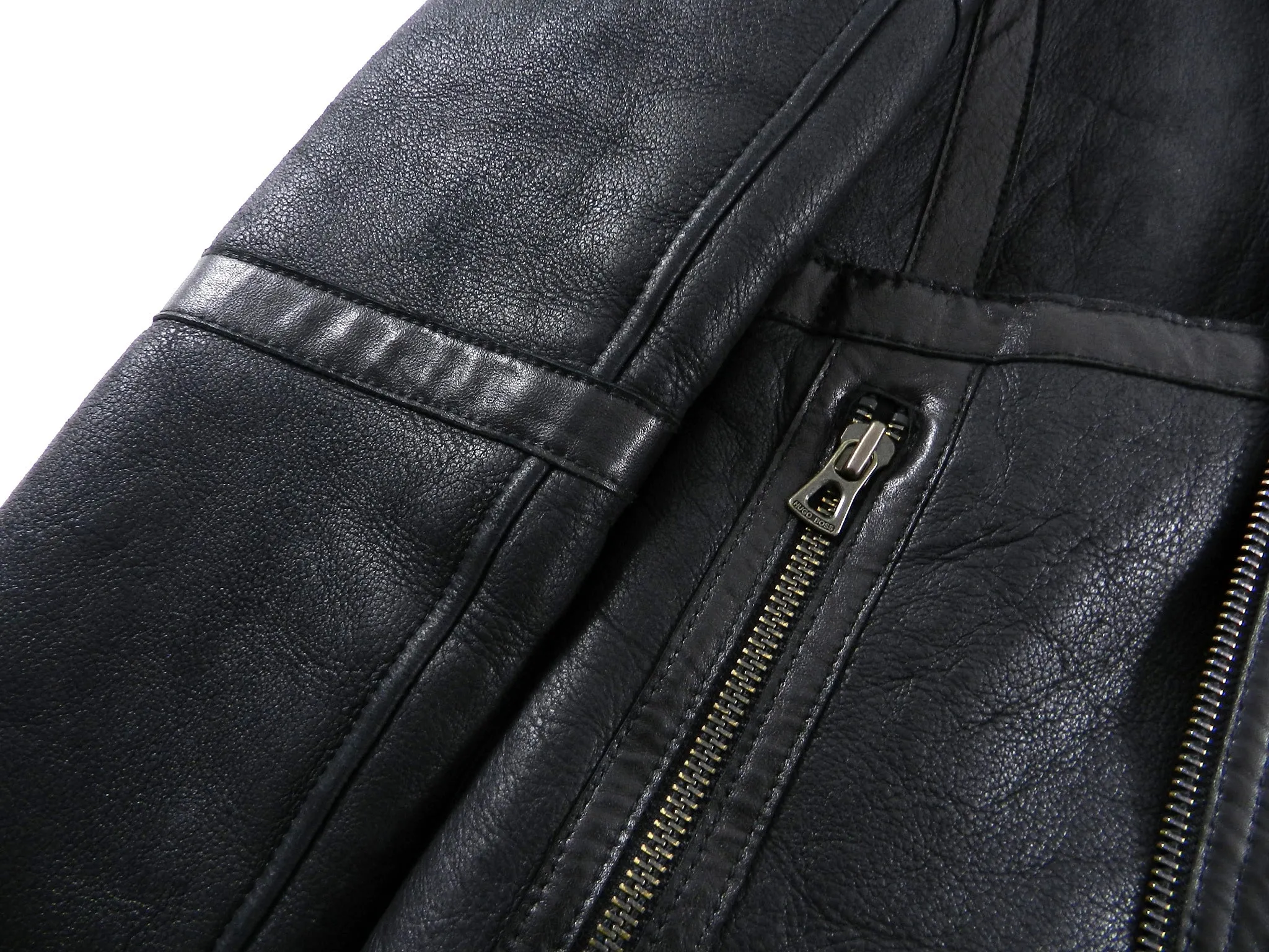 Hugo Boss Black Leather Zip Front Short Shearling Jacket - M