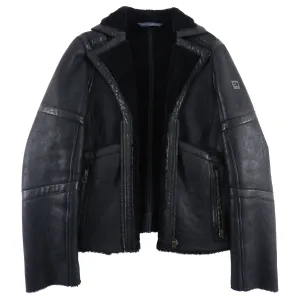 Hugo Boss Black Leather Zip Front Short Shearling Jacket - M