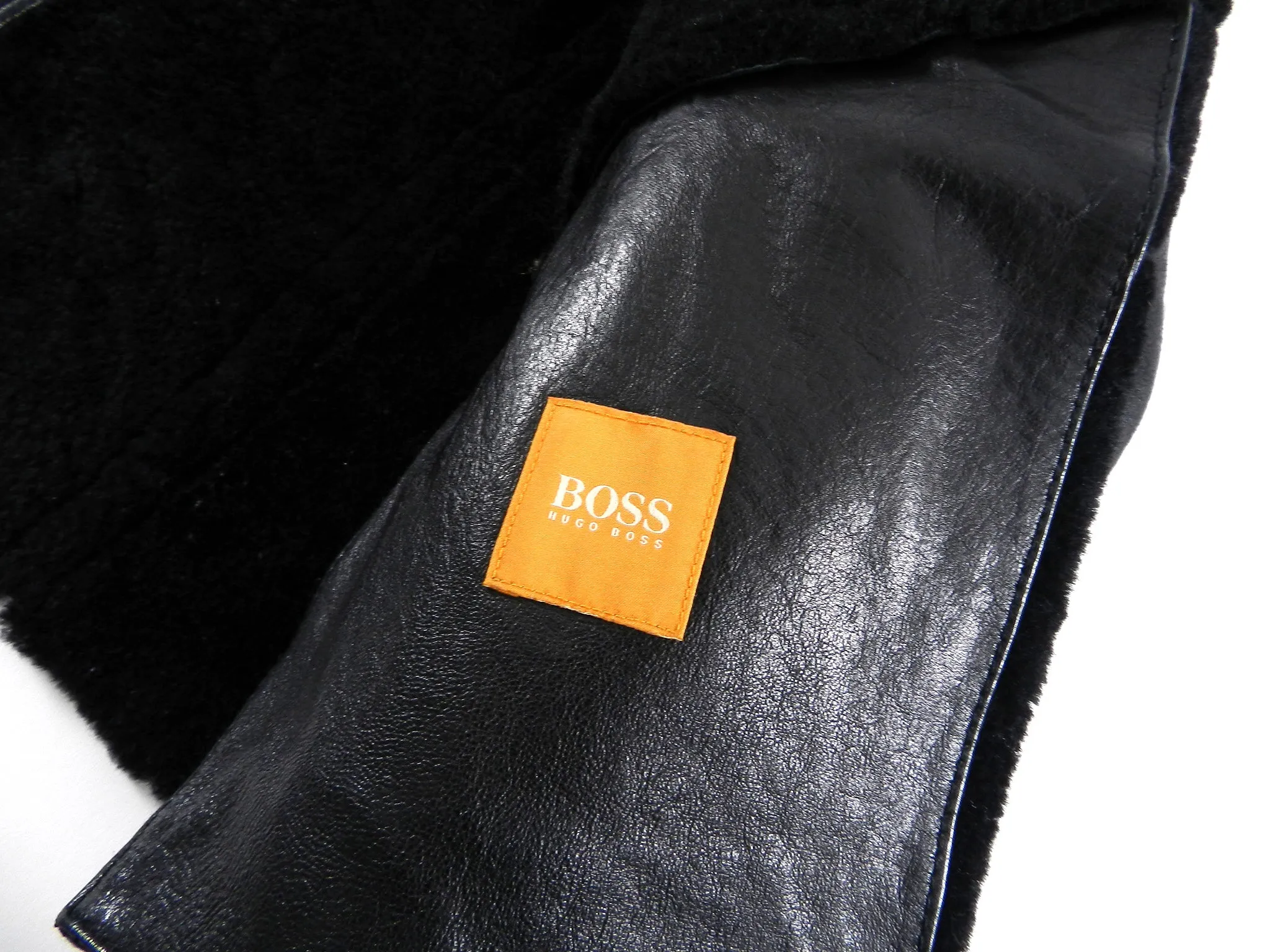 Hugo Boss Black Leather Zip Front Short Shearling Jacket - M