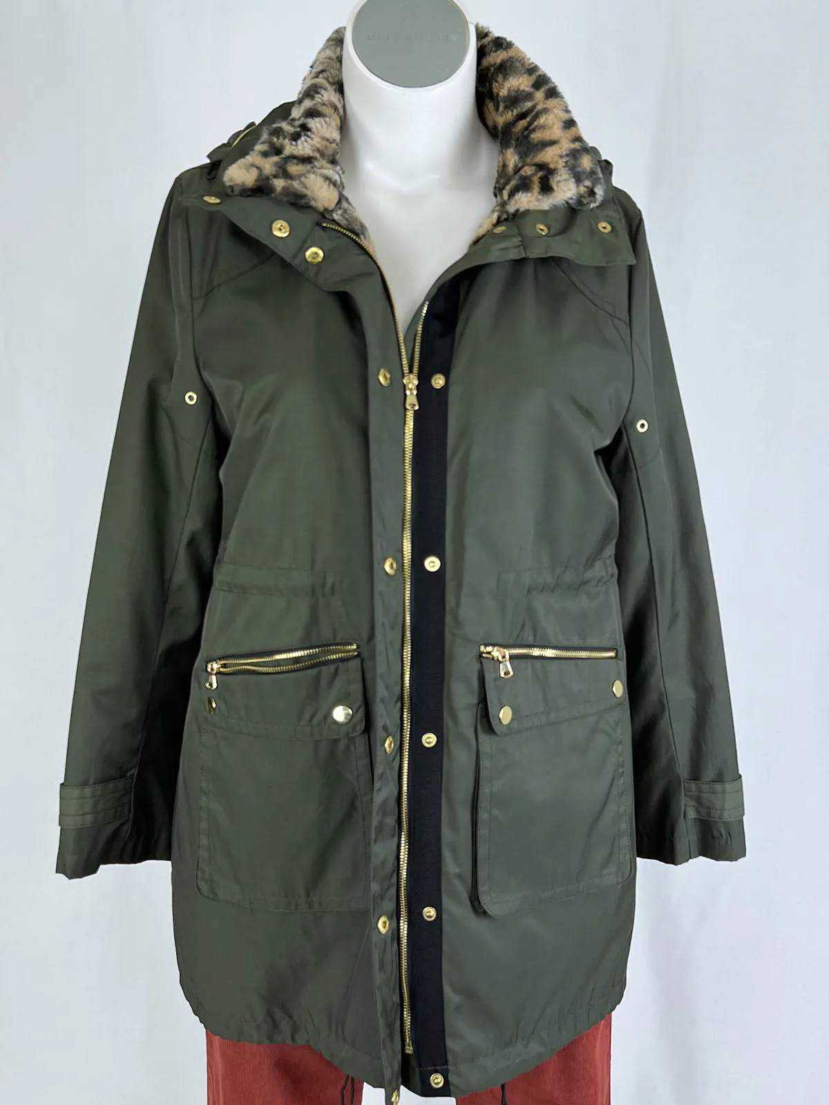 INC Size XL (16) Olive Green Leopard Winter Parka Coat