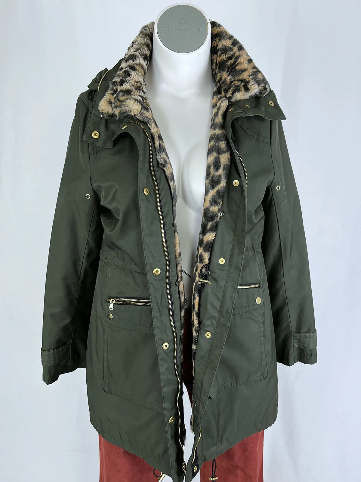 INC Size XL (16) Olive Green Leopard Winter Parka Coat