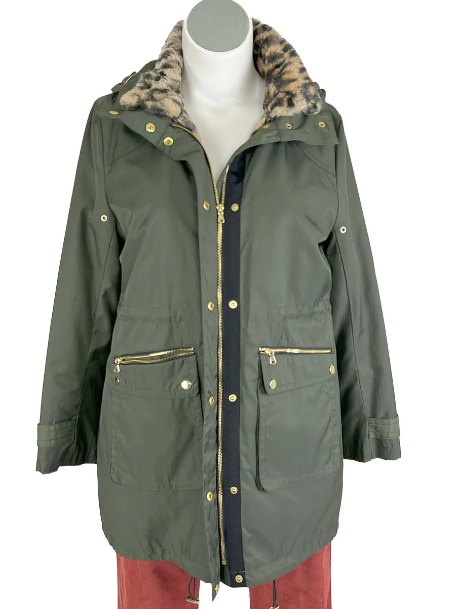 INC Size XL (16) Olive Green Leopard Winter Parka Coat