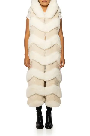 JEMI CREAM CHEVRON FAUX FUR TRENCH VEST