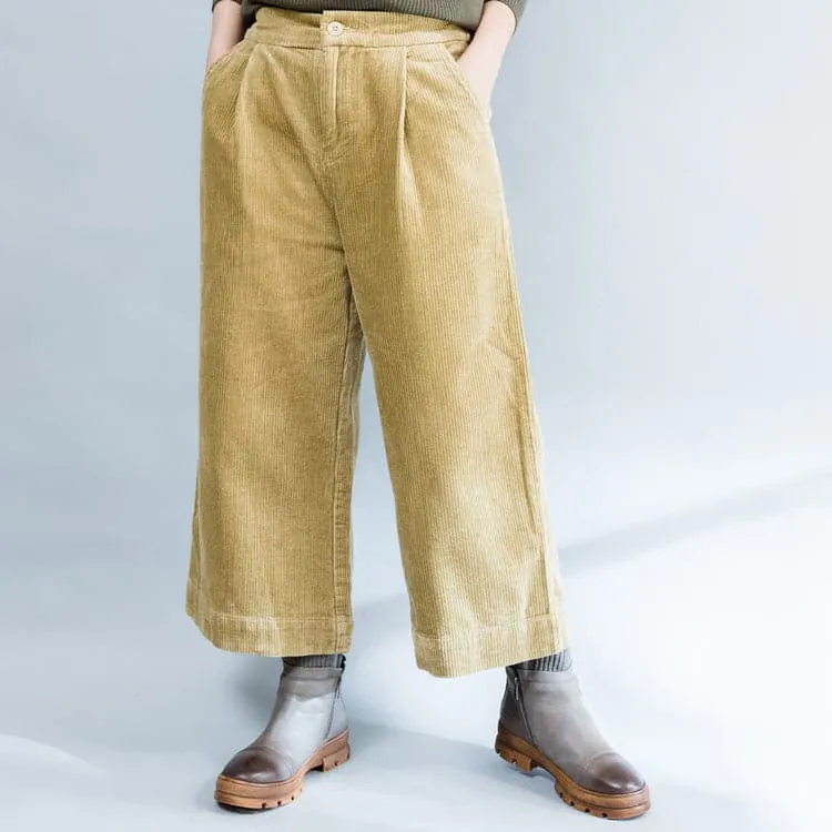 Khaki thick corduroy trousers loose casual wide leg pants