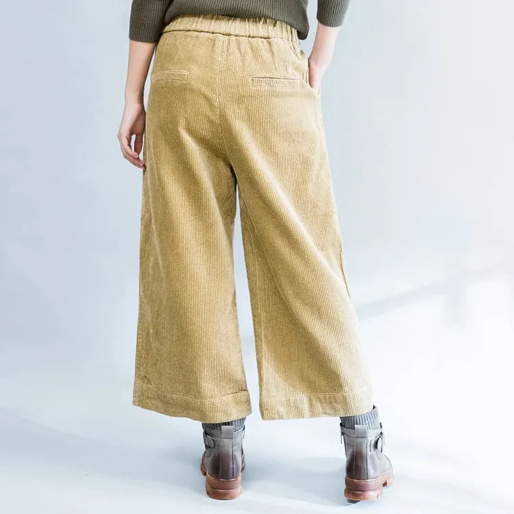 Khaki thick corduroy trousers loose casual wide leg pants