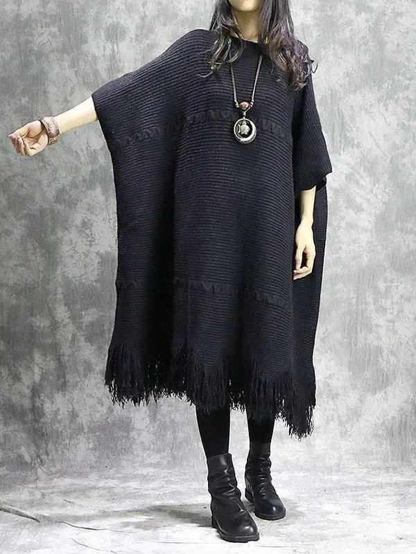 Knitted black Sweater dress outfit DIY o neck tassel Mujer sweater dress