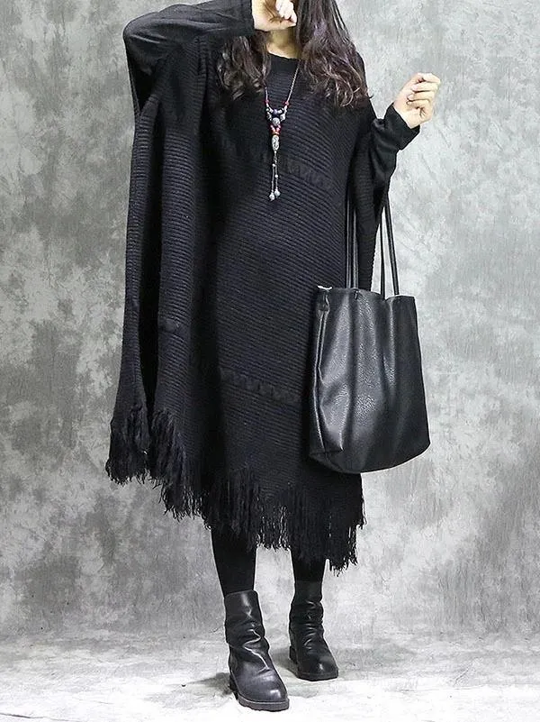 Knitted black Sweater dress outfit DIY o neck tassel Mujer sweater dress