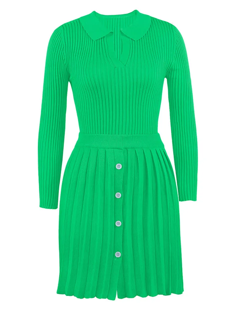 Knitted Pleated Mini Skirt Suit