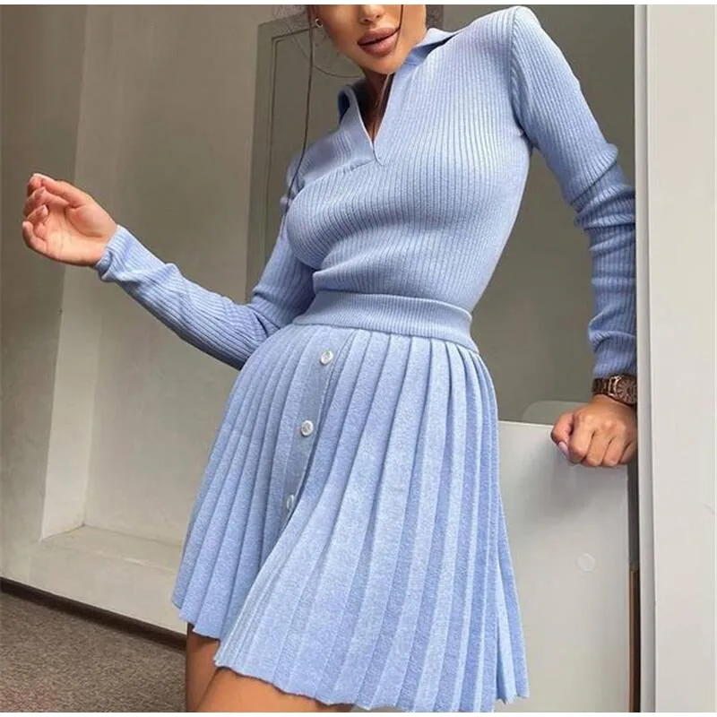 Knitted Pleated Mini Skirt Suit