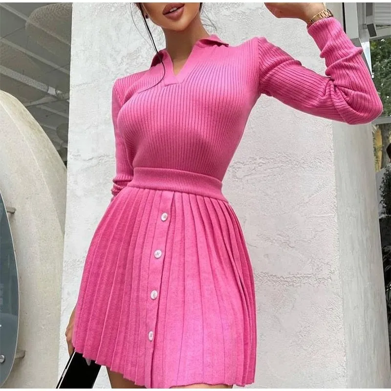 Knitted Pleated Mini Skirt Suit