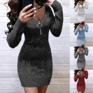 Knitted Sweater Dress Casual Winter Mini Dress Women Long Sleeve^