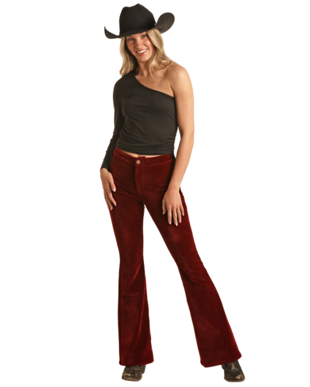 Ladies Rock & Roll Red Corduroy High Rise Button Flare Pants BW6PD02933