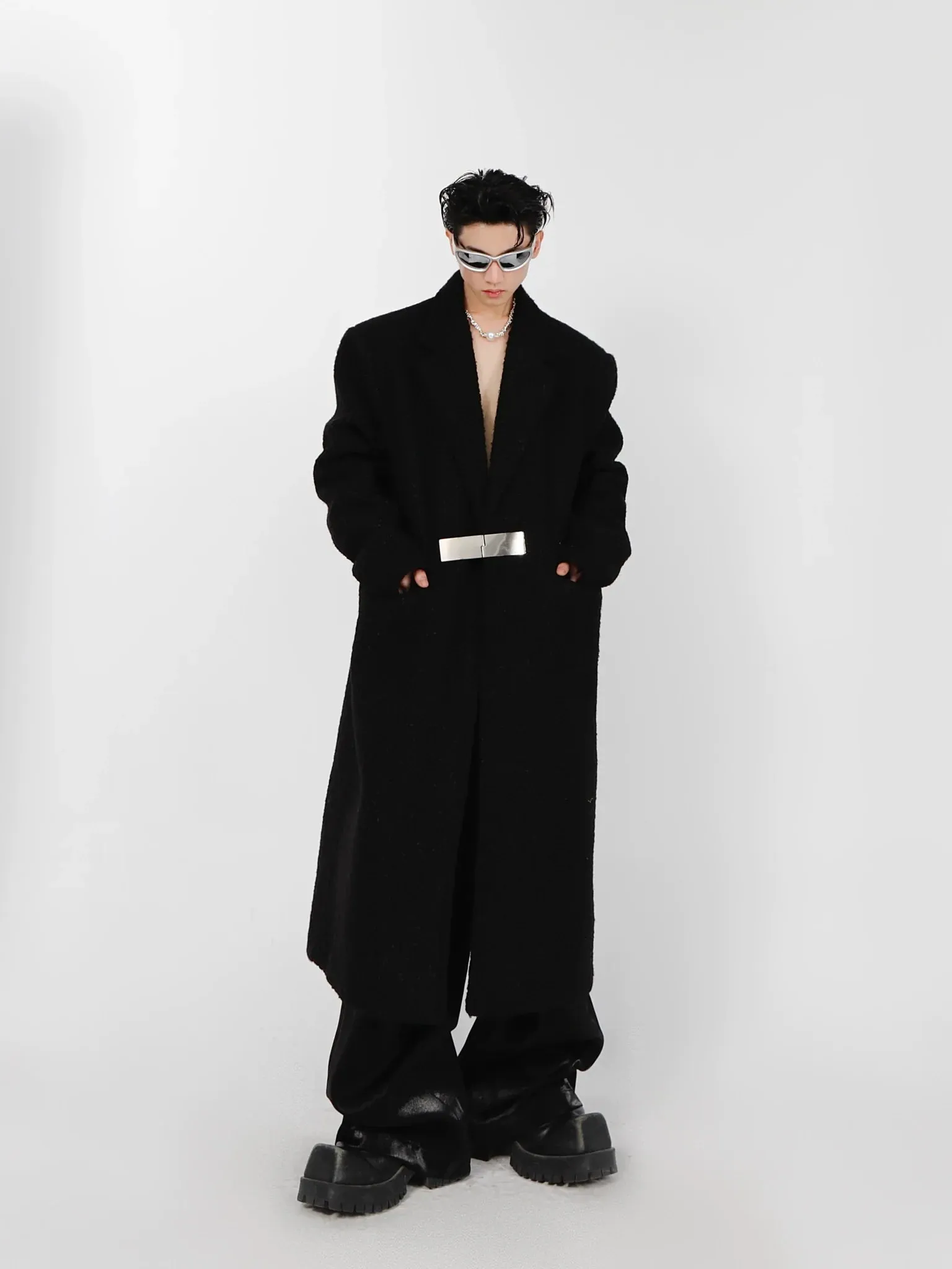 Lamb Wool Designer Overcoat | Metal Buckle Long Woolen Trench Coat