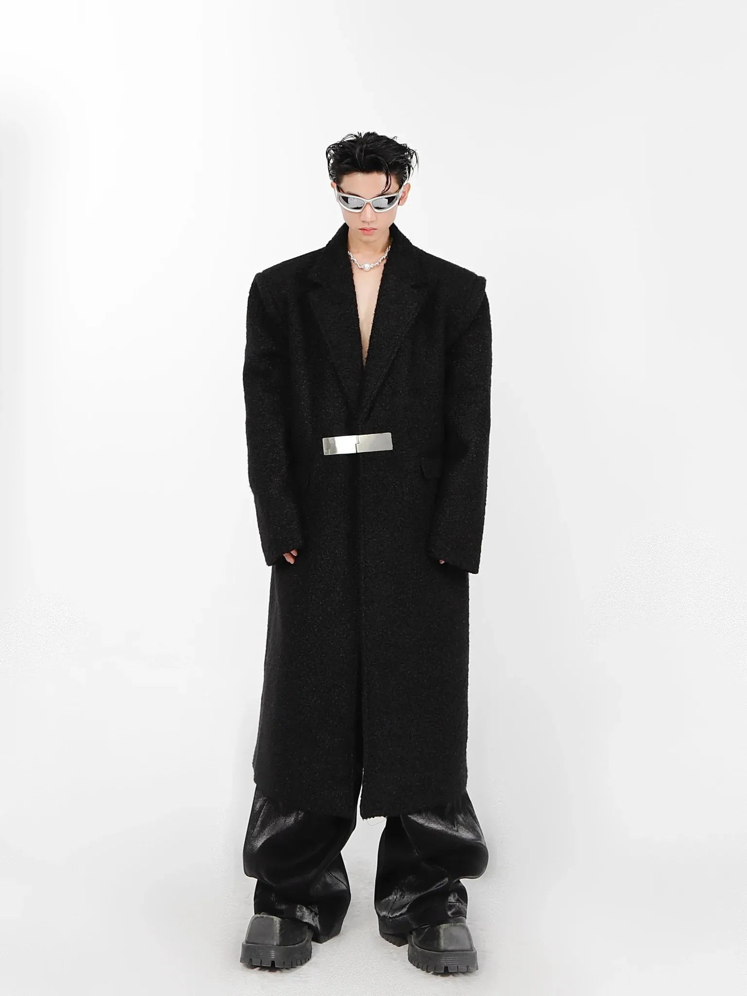 Lamb Wool Designer Overcoat | Metal Buckle Long Woolen Trench Coat