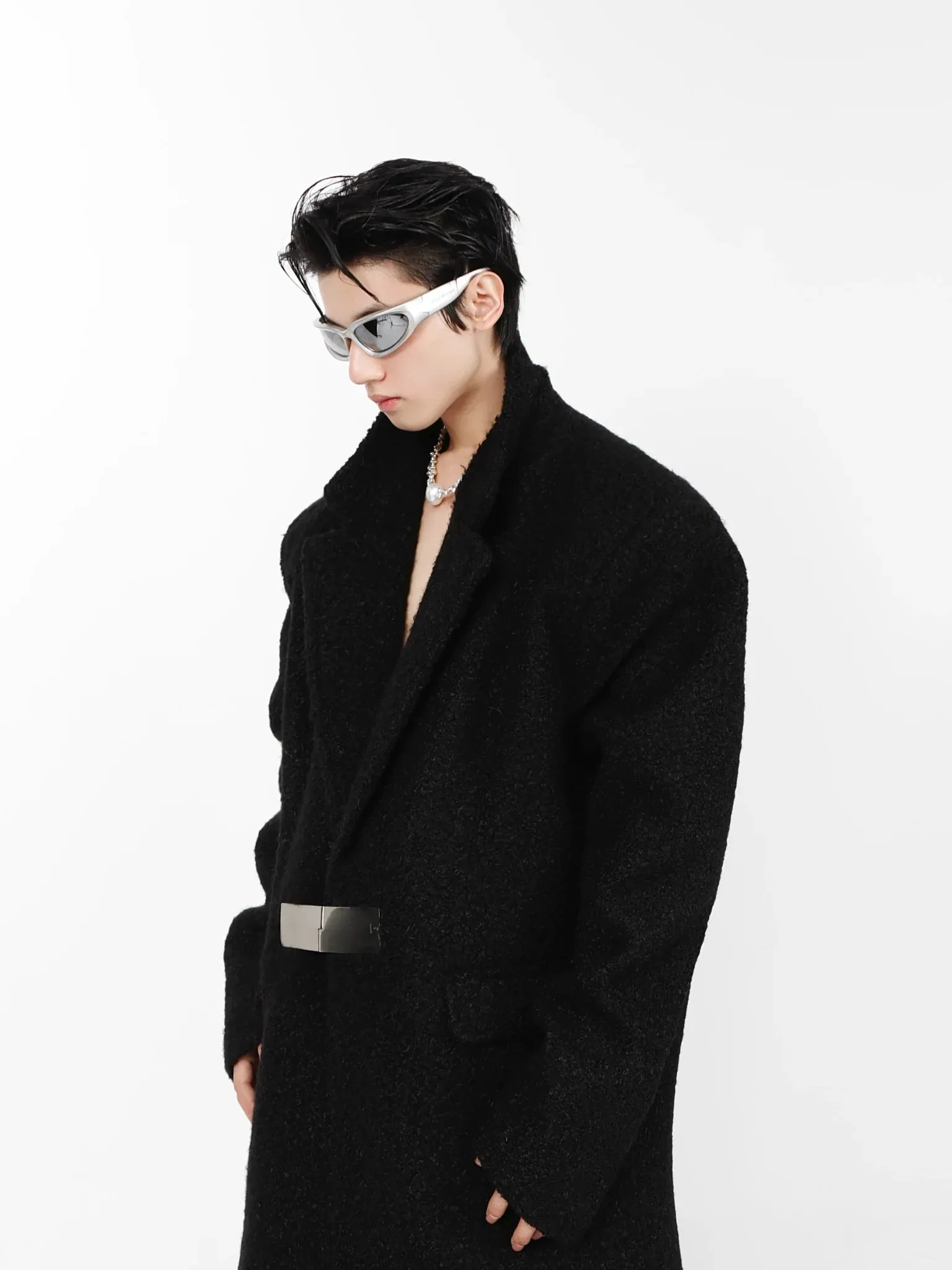 Lamb Wool Designer Overcoat | Metal Buckle Long Woolen Trench Coat