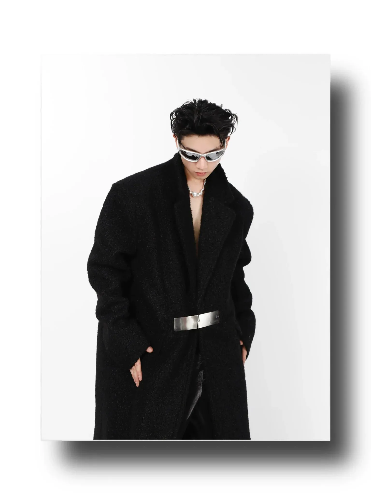 Lamb Wool Designer Overcoat | Metal Buckle Long Woolen Trench Coat