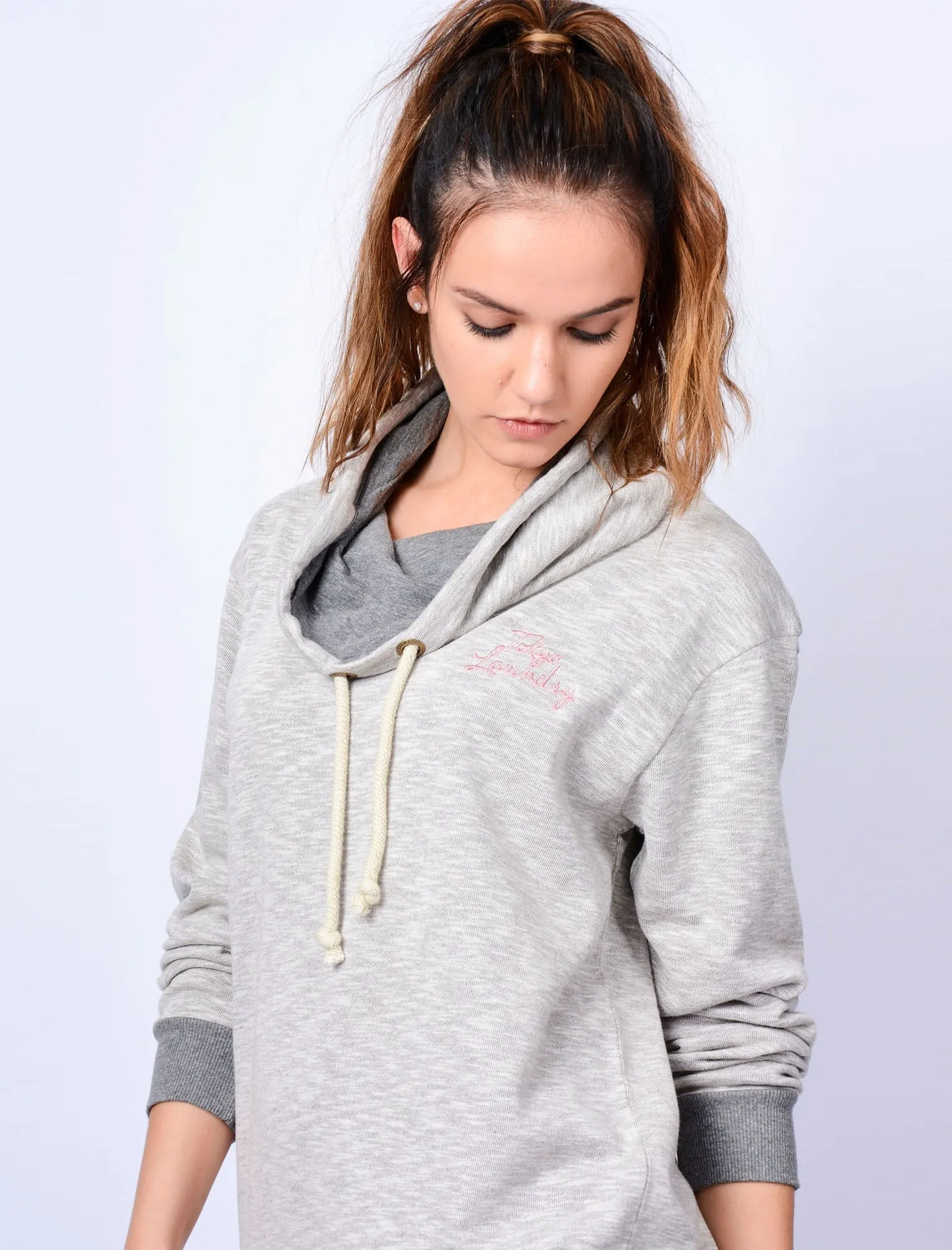 Lani Wide Funnel Neck Sweatshirt in Grey / White Slub - Tokyo Laundry