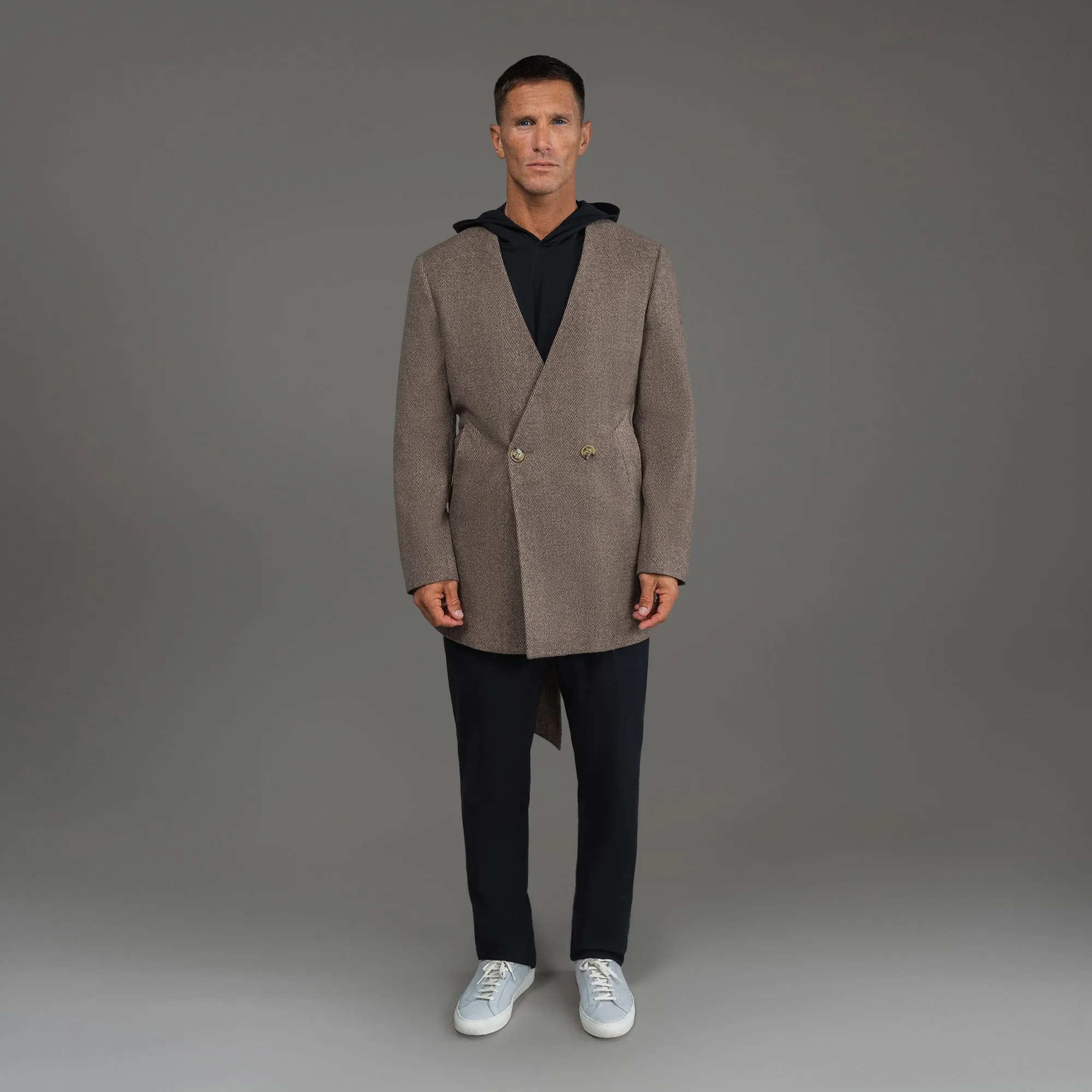 Lapelless Wool Silk Overcoat