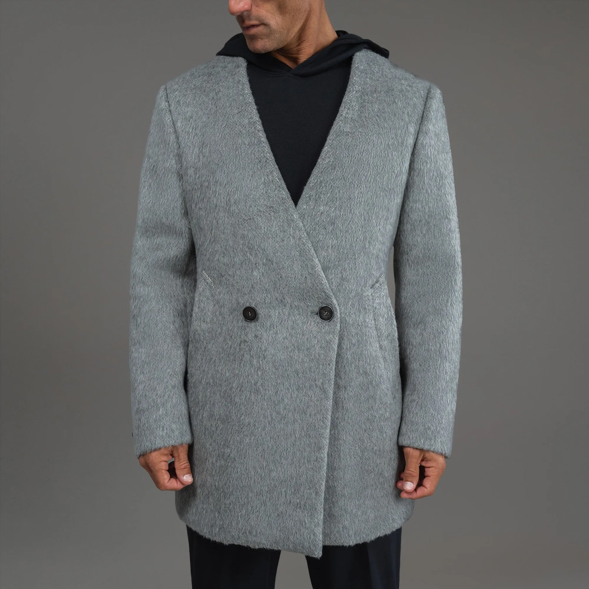 Lapelless Wool Silk Overcoat