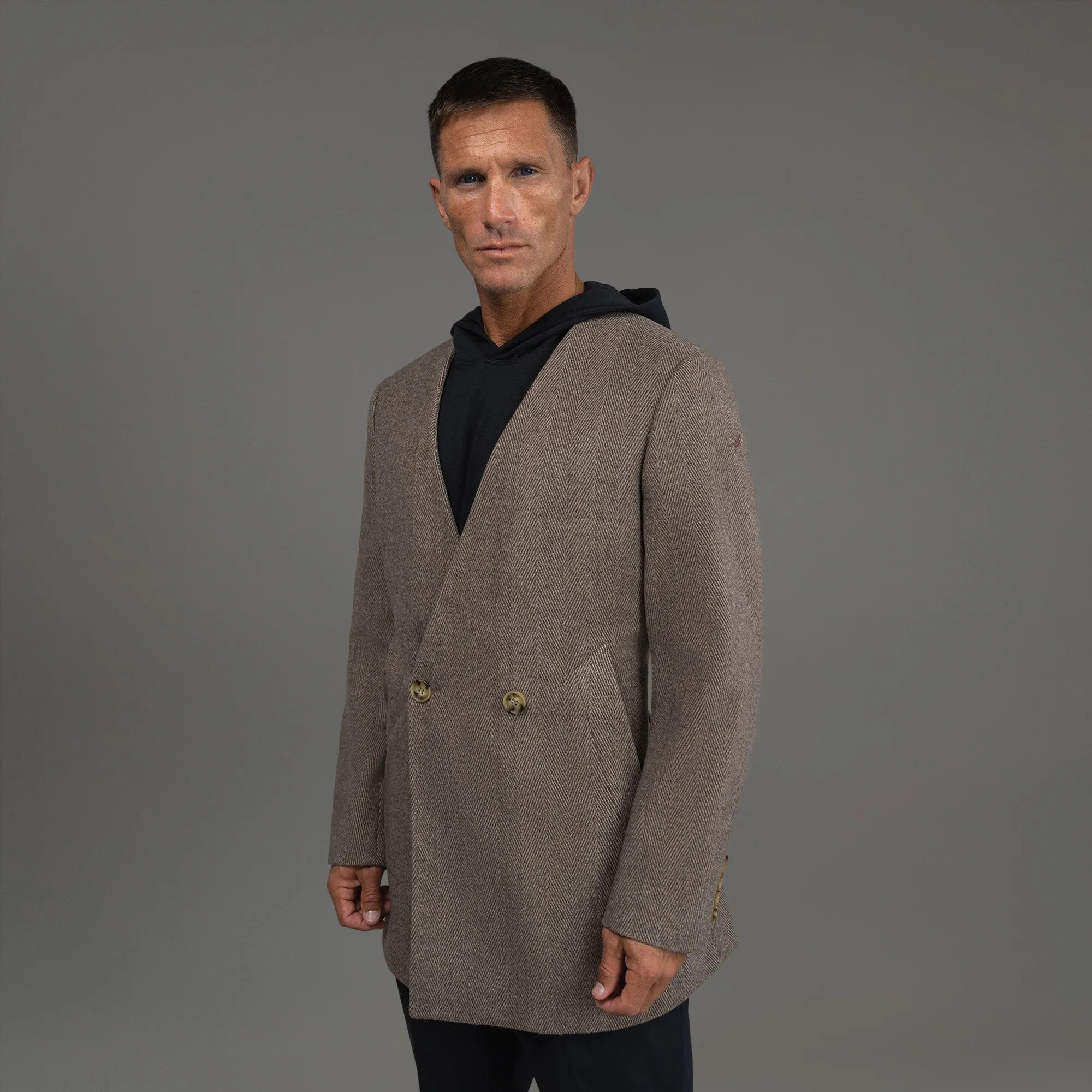 Lapelless Wool Silk Overcoat