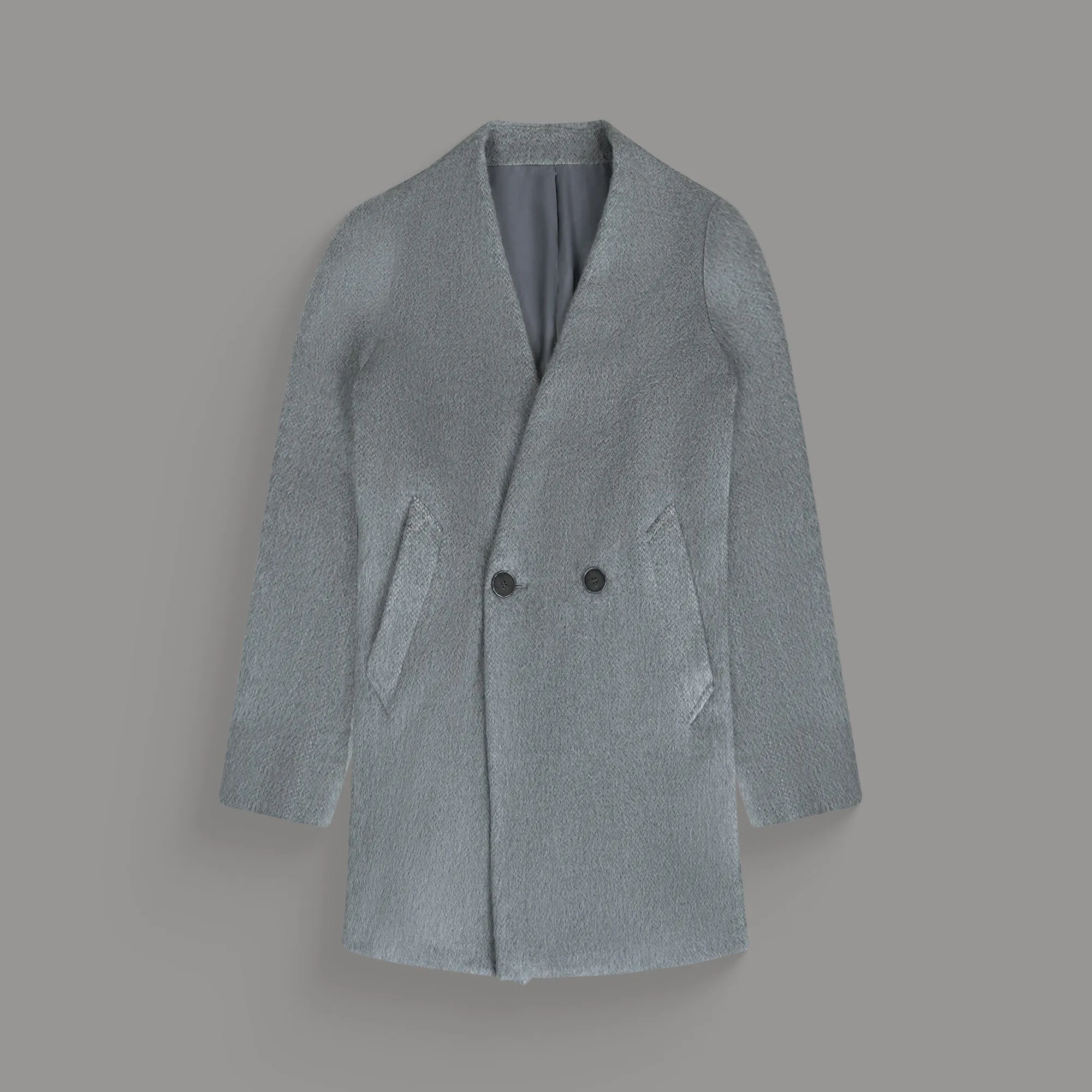 Lapelless Wool Silk Overcoat