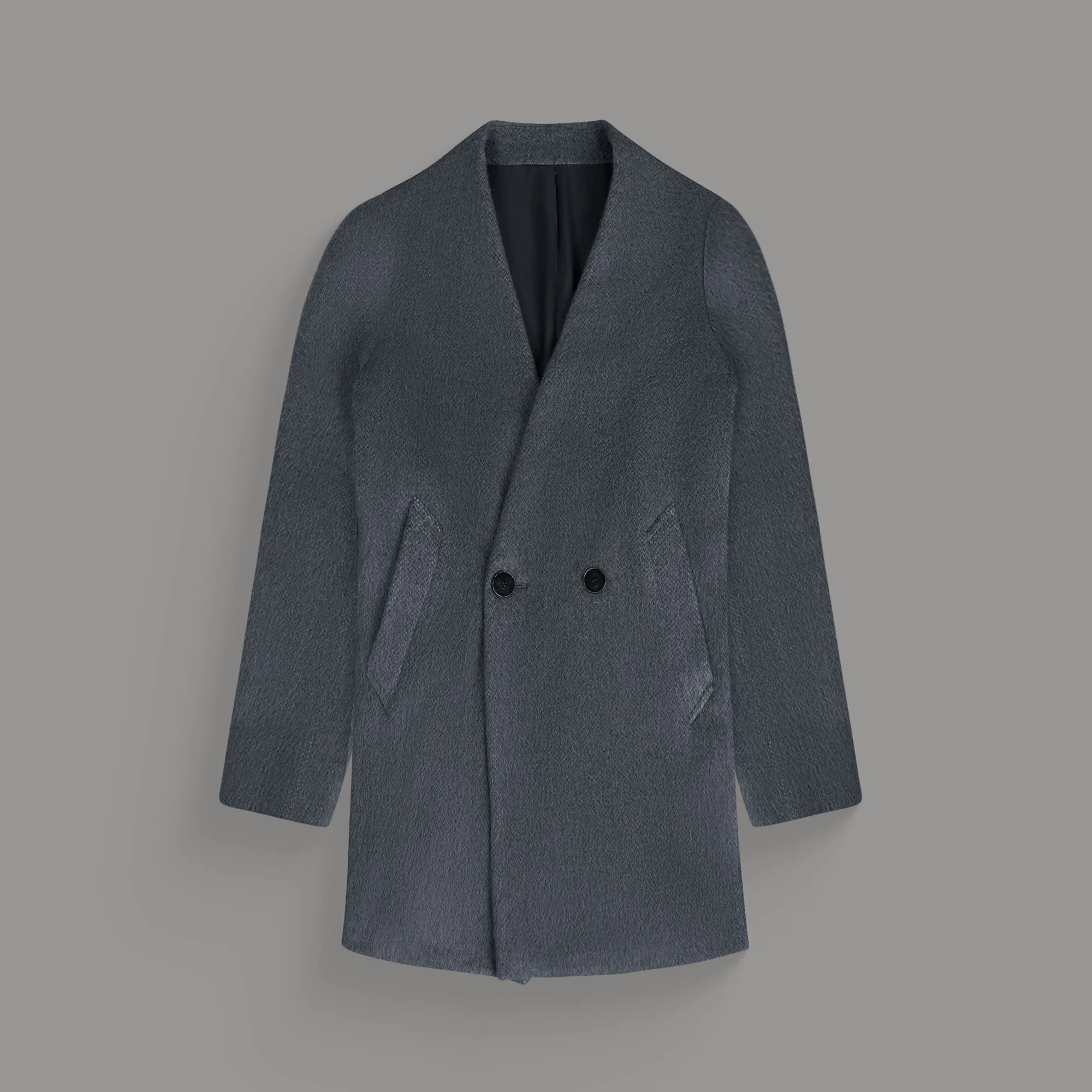 Lapelless Wool Silk Overcoat