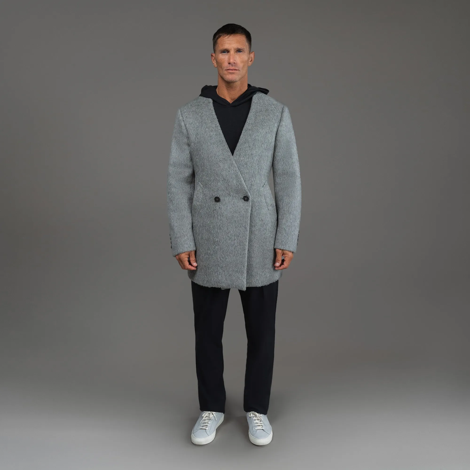 Lapelless Wool Silk Overcoat