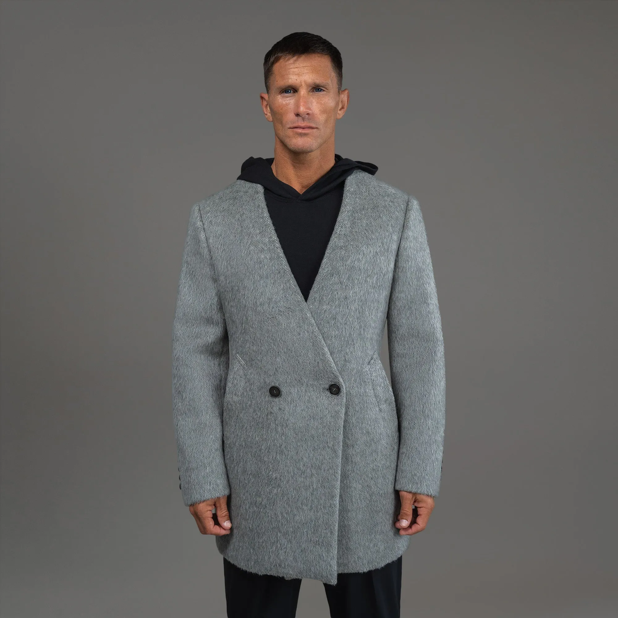 Lapelless Wool Silk Overcoat