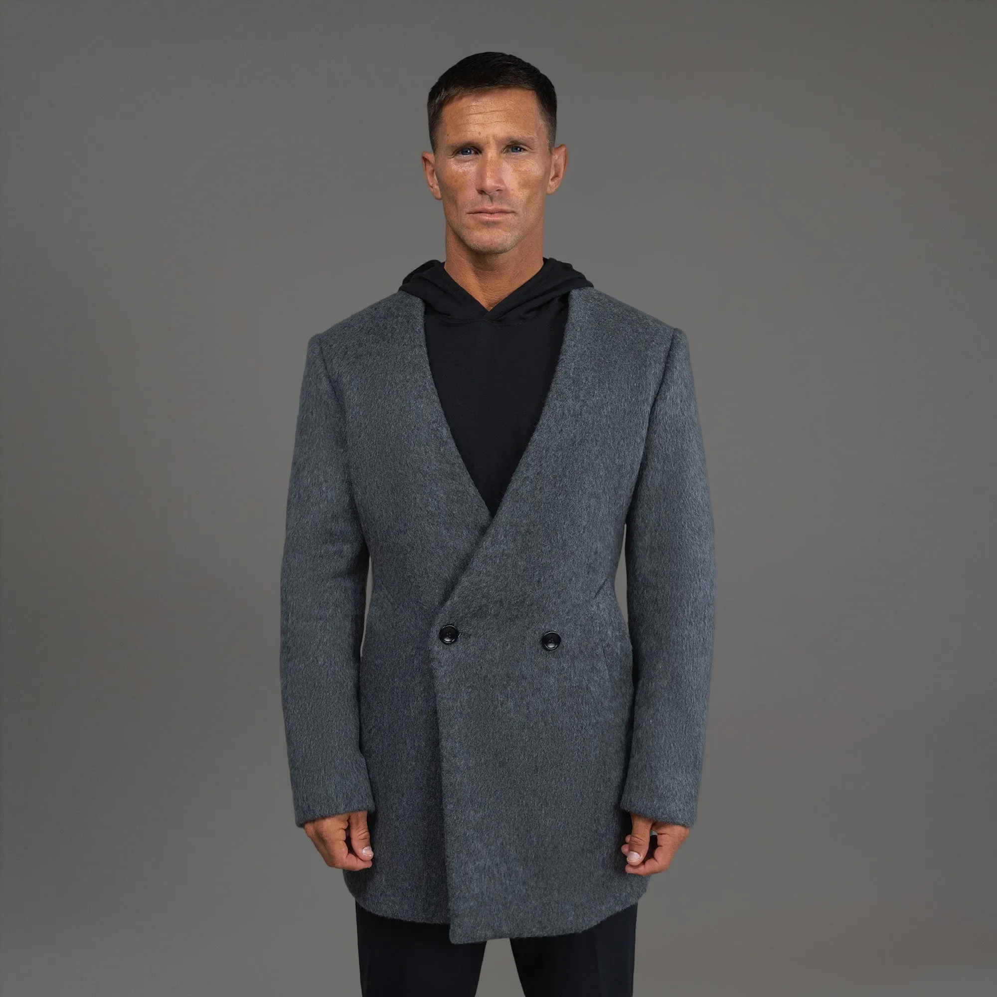 Lapelless Wool Silk Overcoat