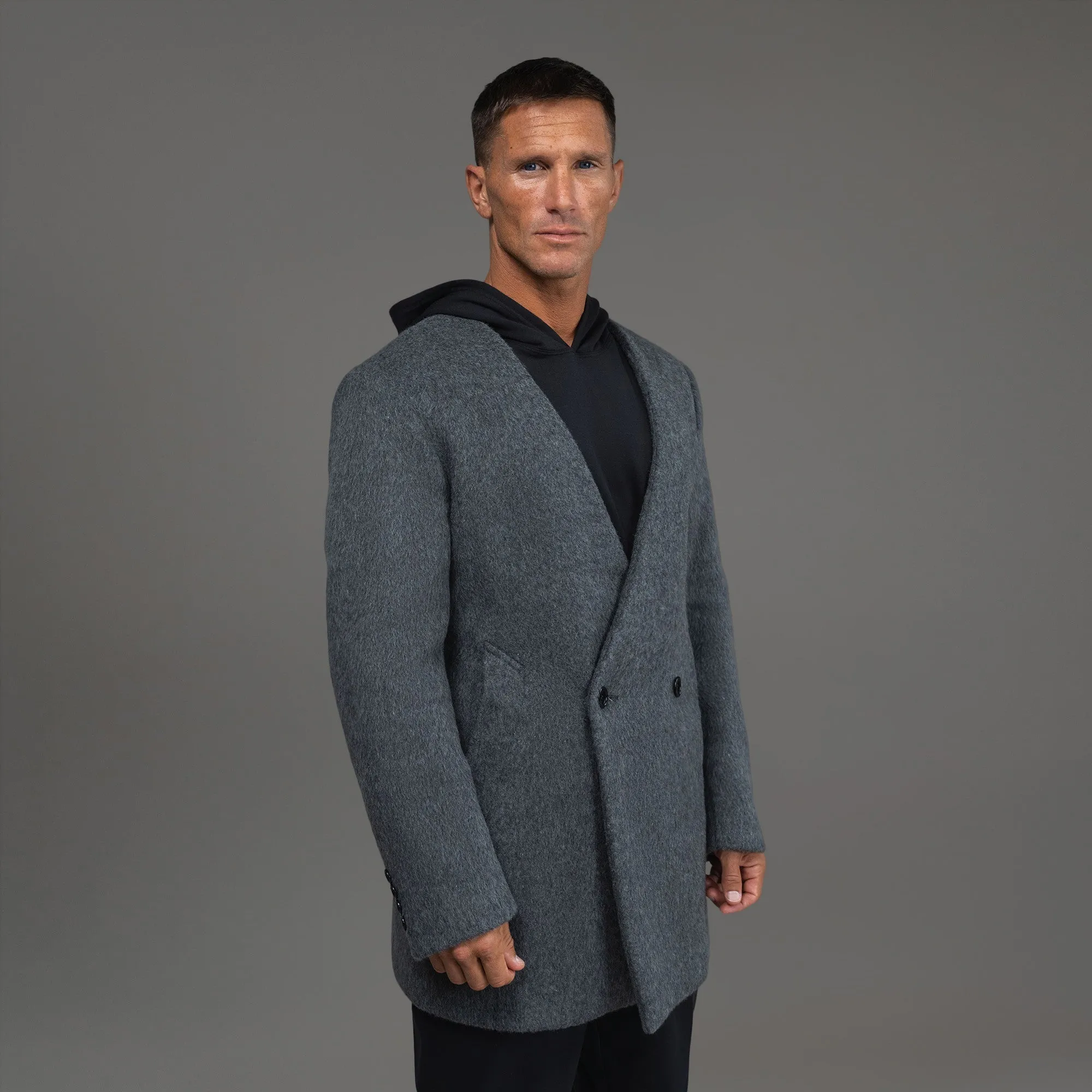 Lapelless Wool Silk Overcoat