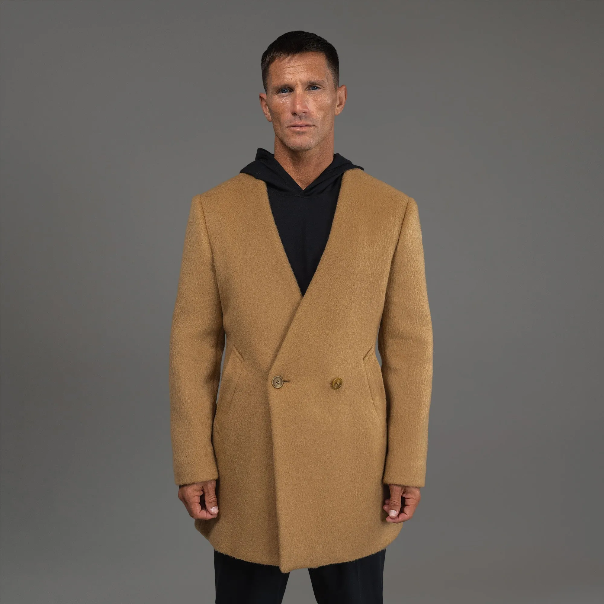 Lapelless Wool Silk Overcoat