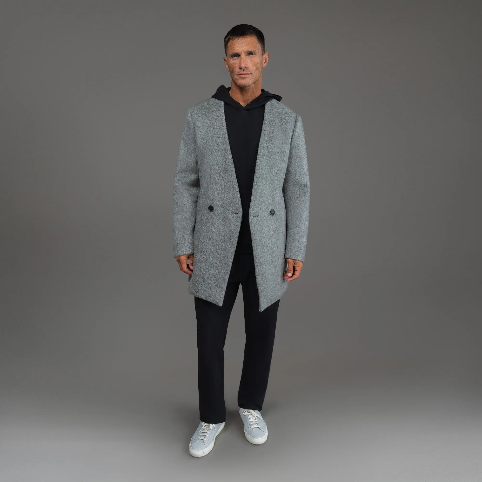 Lapelless Wool Silk Overcoat