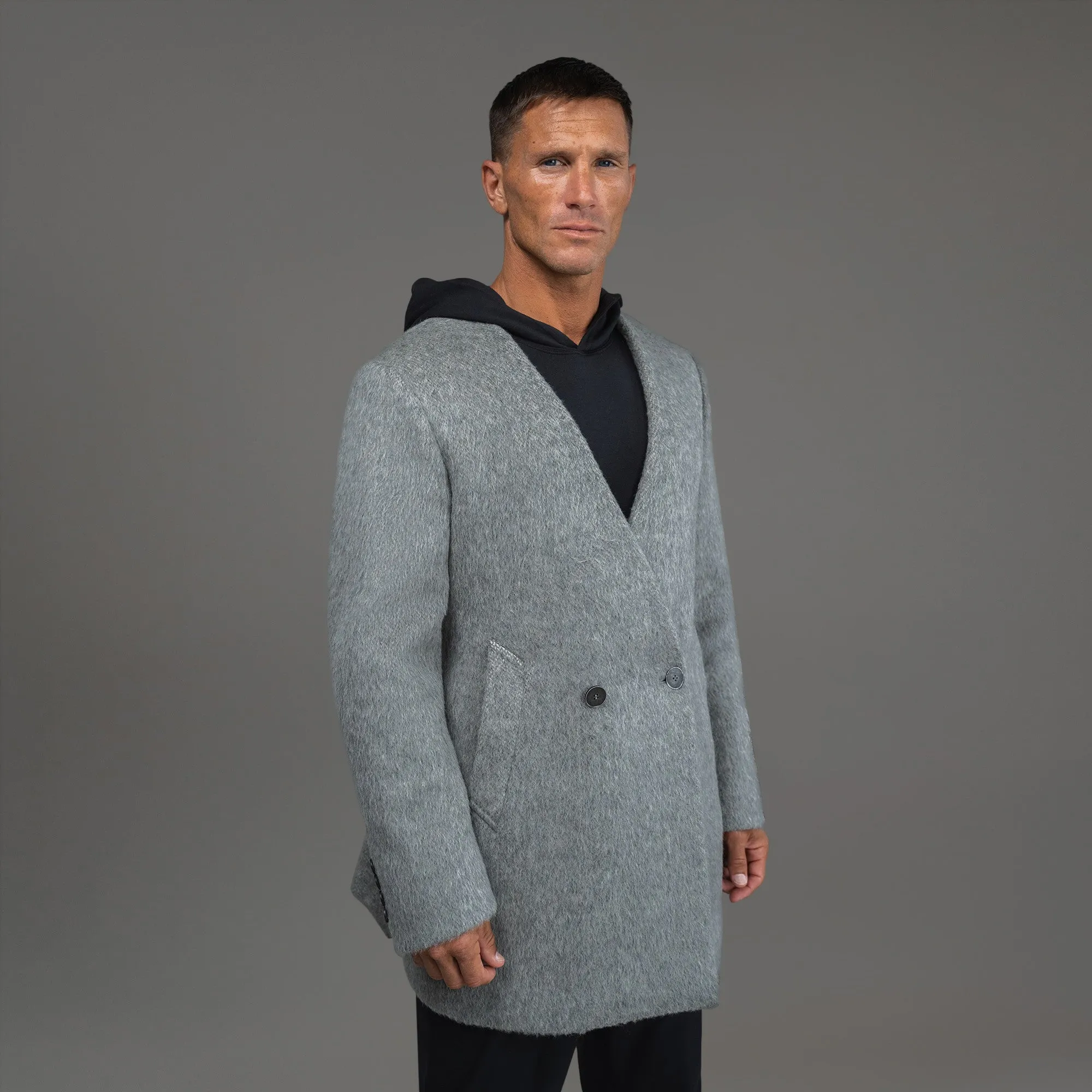 Lapelless Wool Silk Overcoat