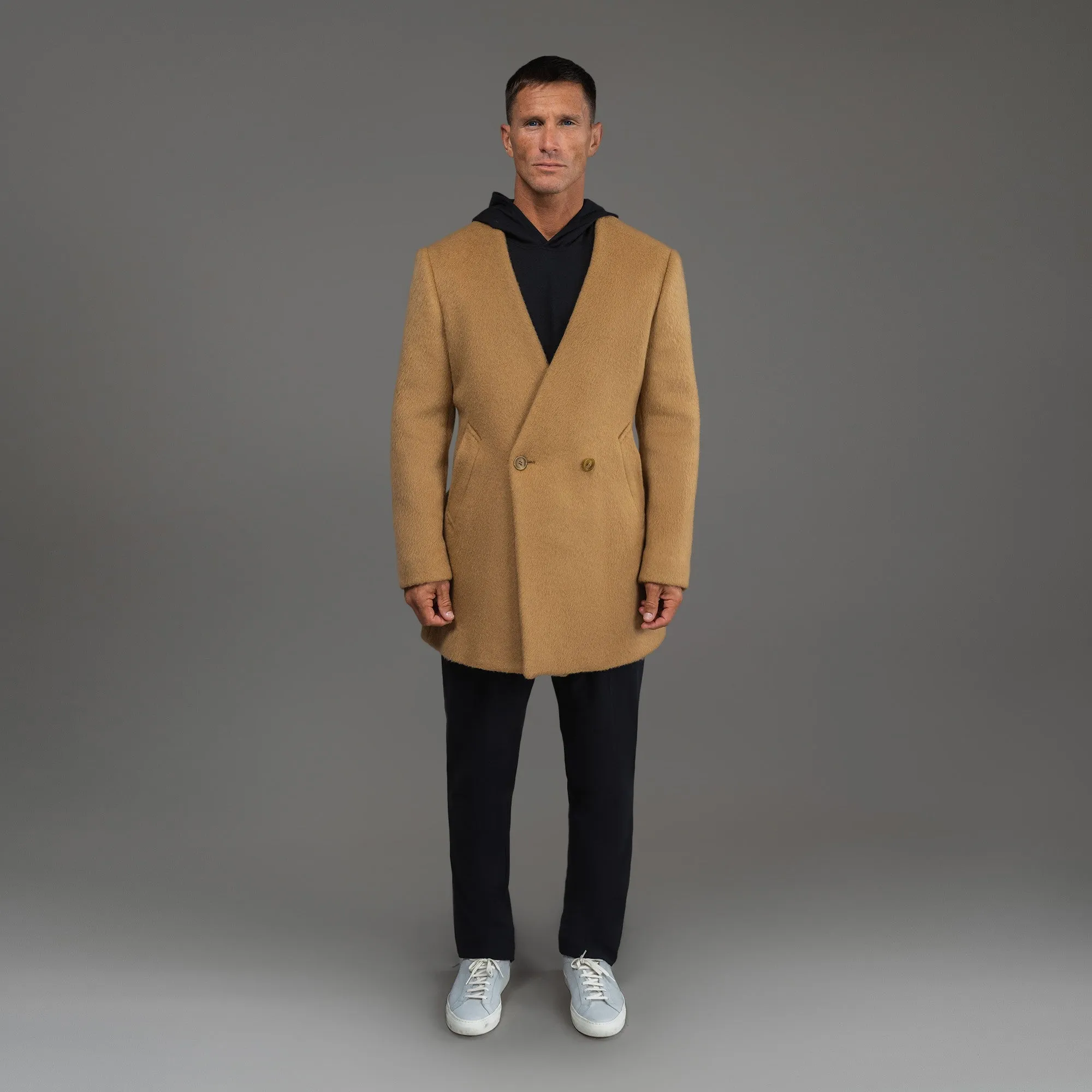 Lapelless Wool Silk Overcoat