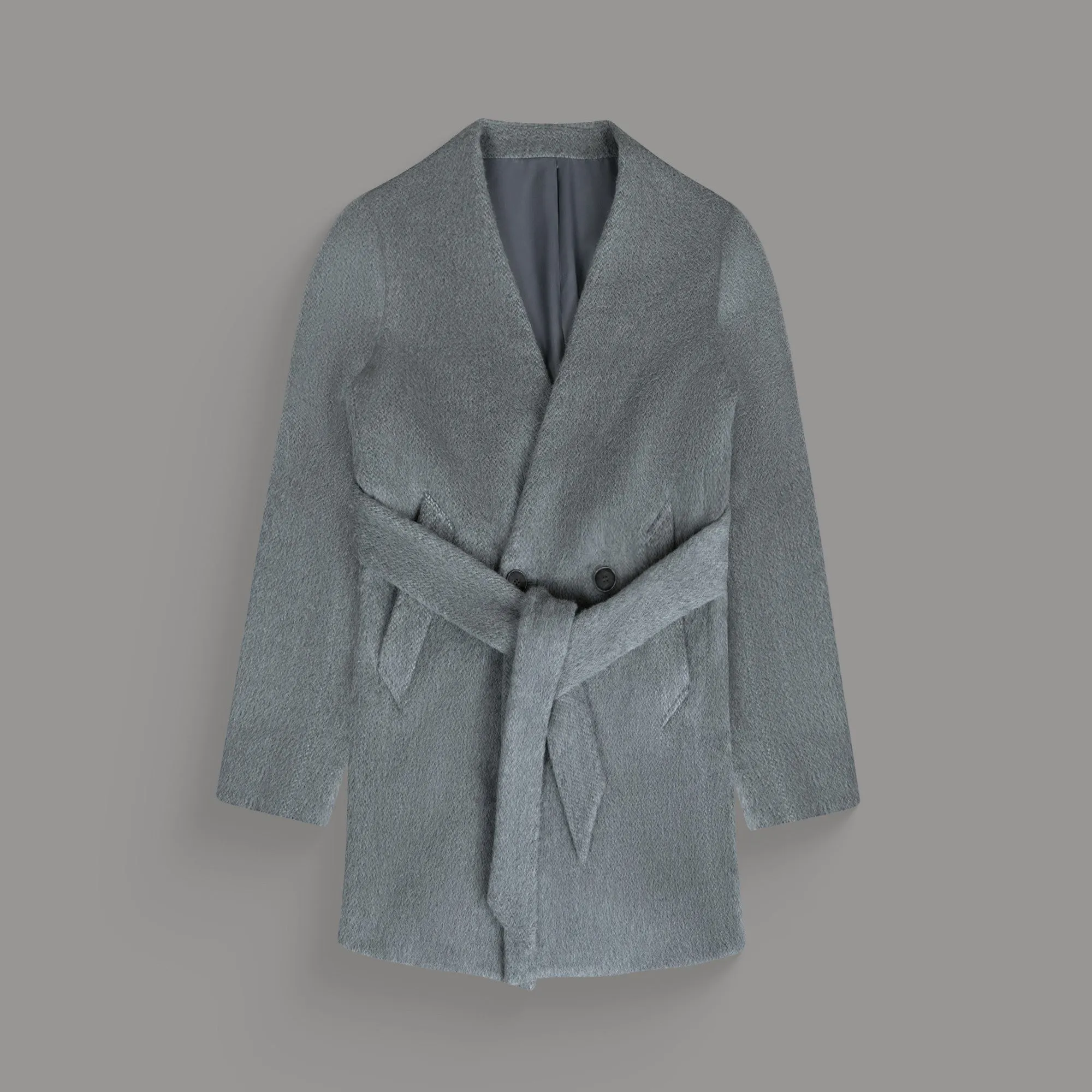 Lapelless Wool Silk Overcoat