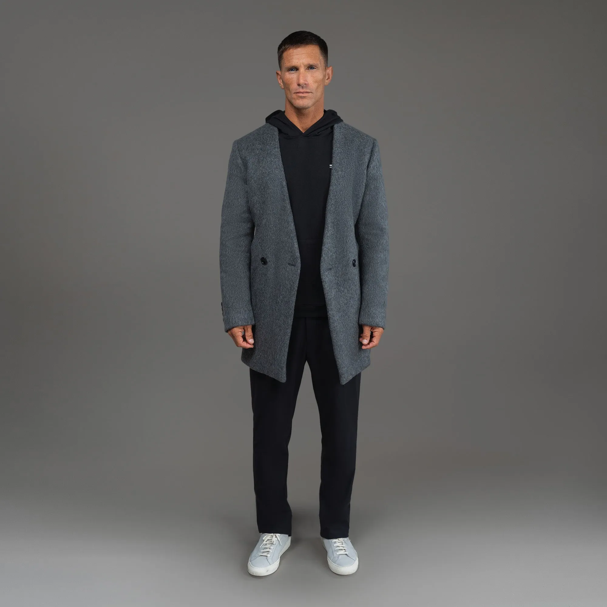 Lapelless Wool Silk Overcoat