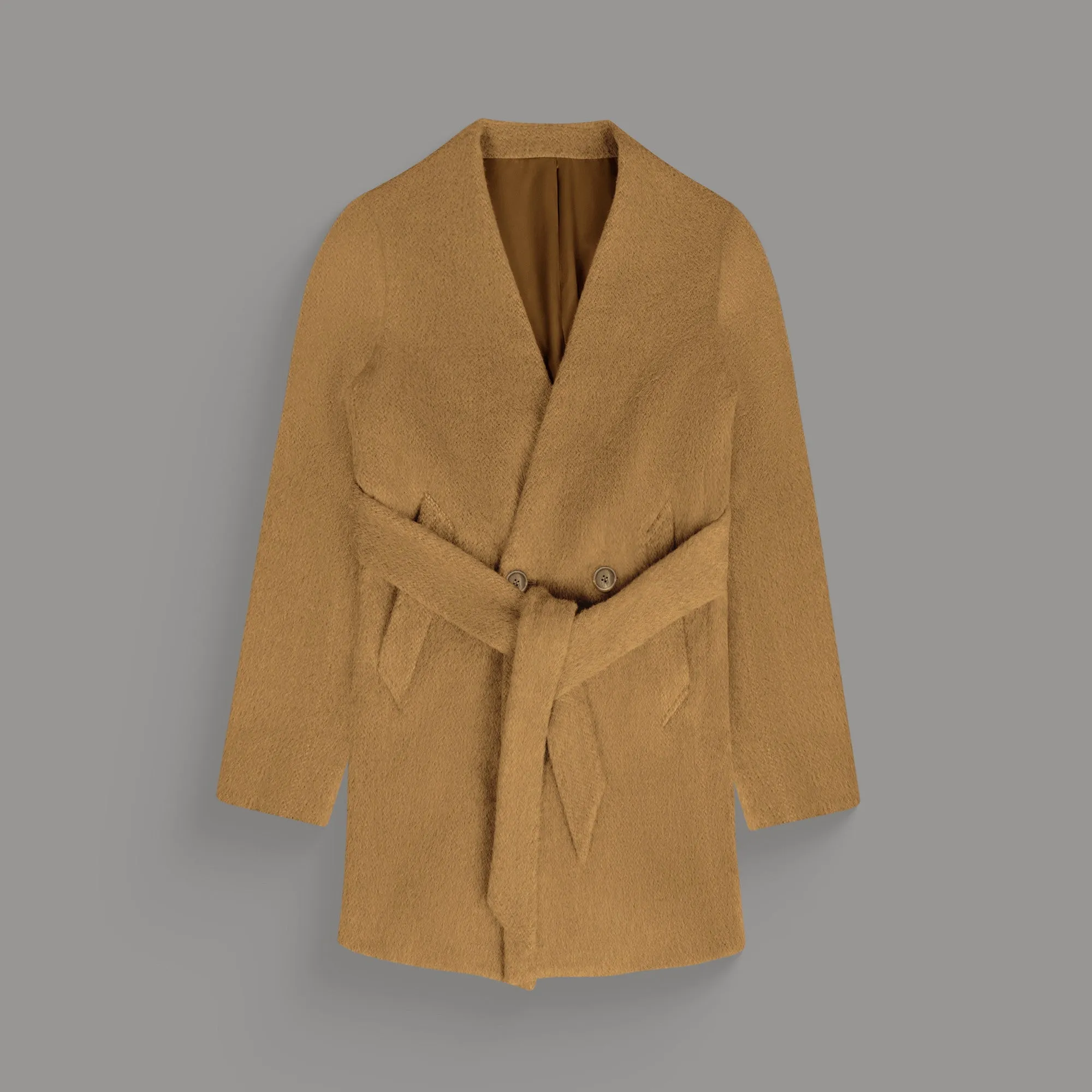 Lapelless Wool Silk Overcoat