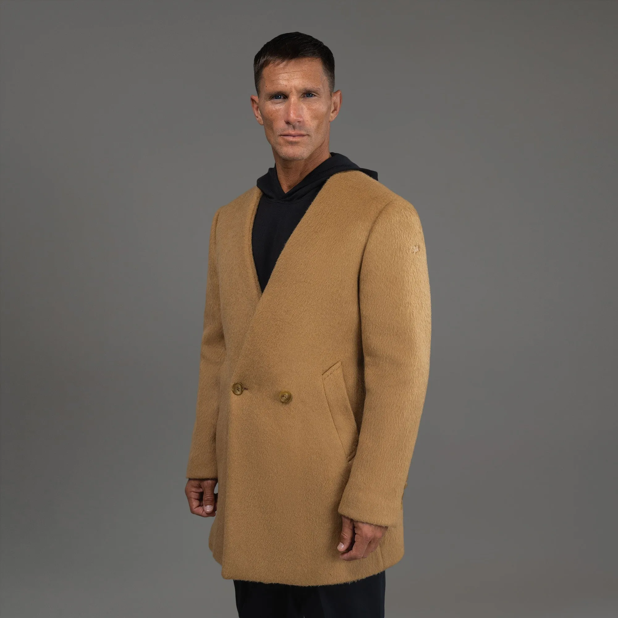 Lapelless Wool Silk Overcoat