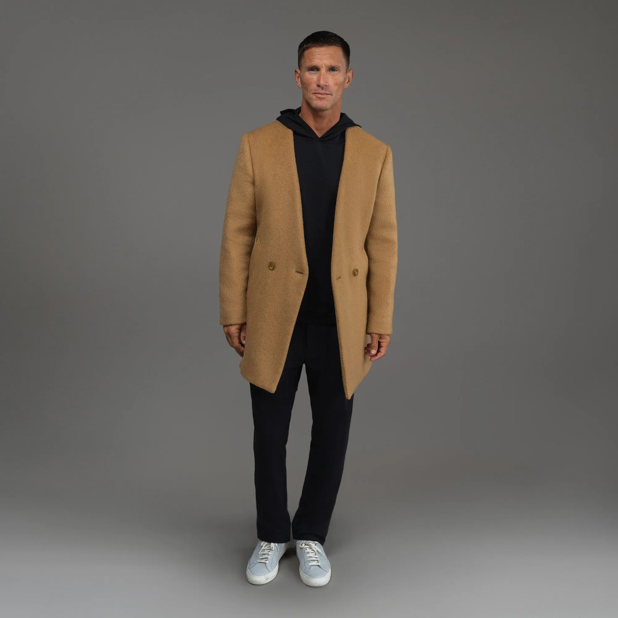 Lapelless Wool Silk Overcoat