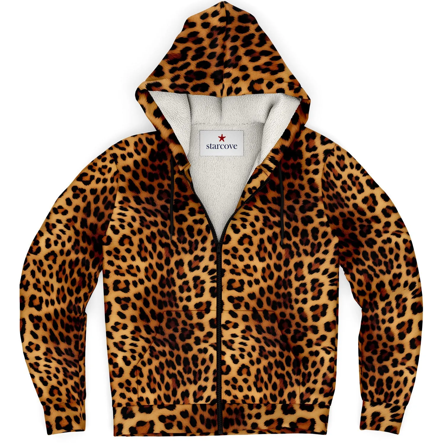 Leopard Zip Up Fleece Lined Hoodie, Animal Print Cheetah Full Zipper Pocket Men Women Unisex Adult Aesthetic Graphic Hooded Sweatshirt