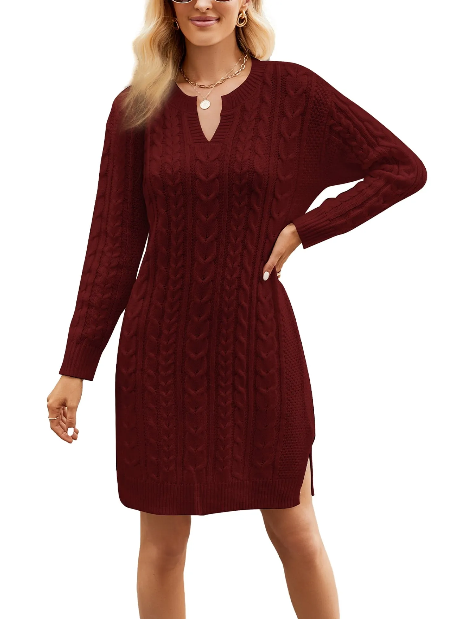 Long Sleeve Split Mini Knitted Cable Dress