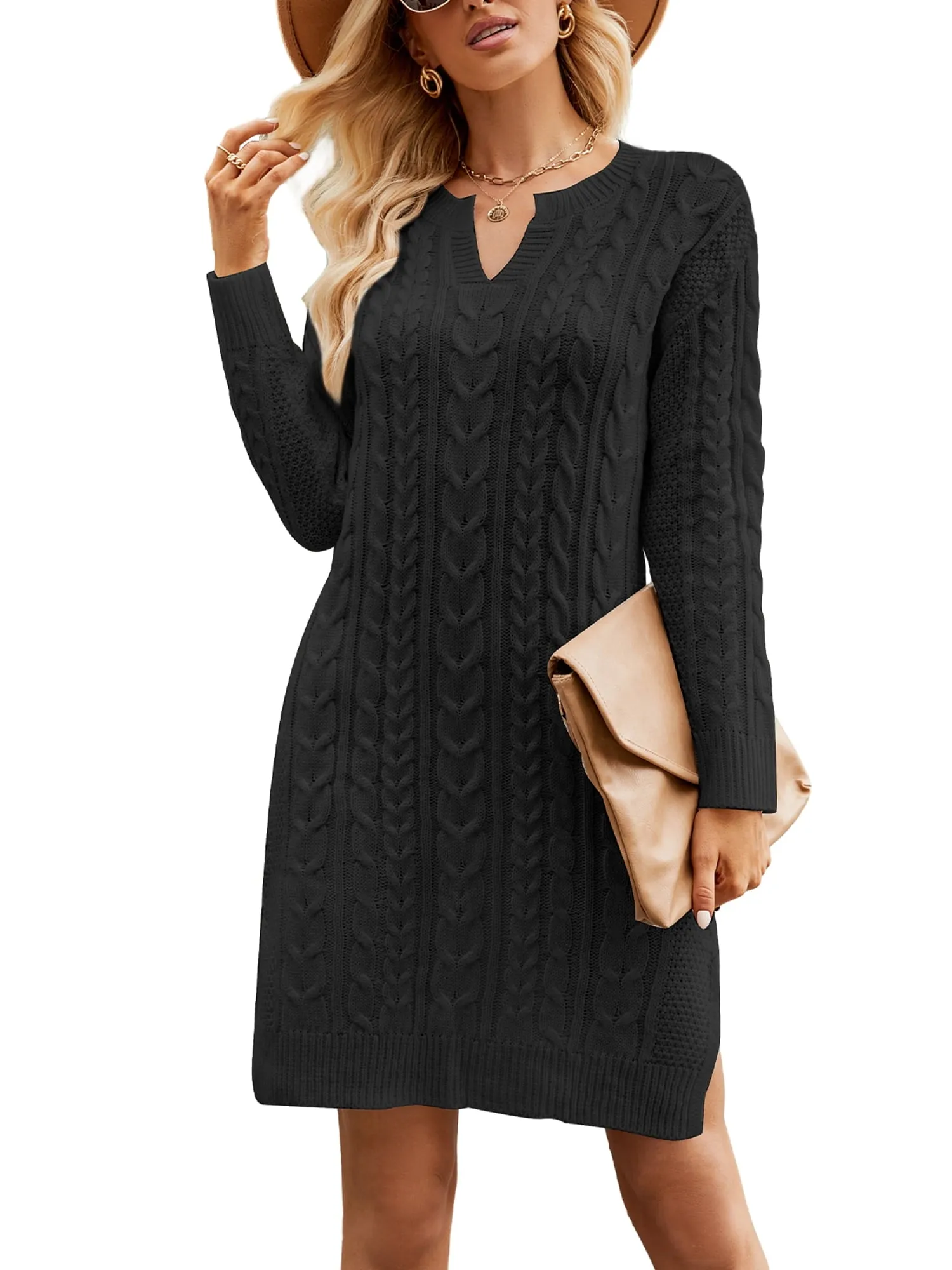 Long Sleeve Split Mini Knitted Cable Dress