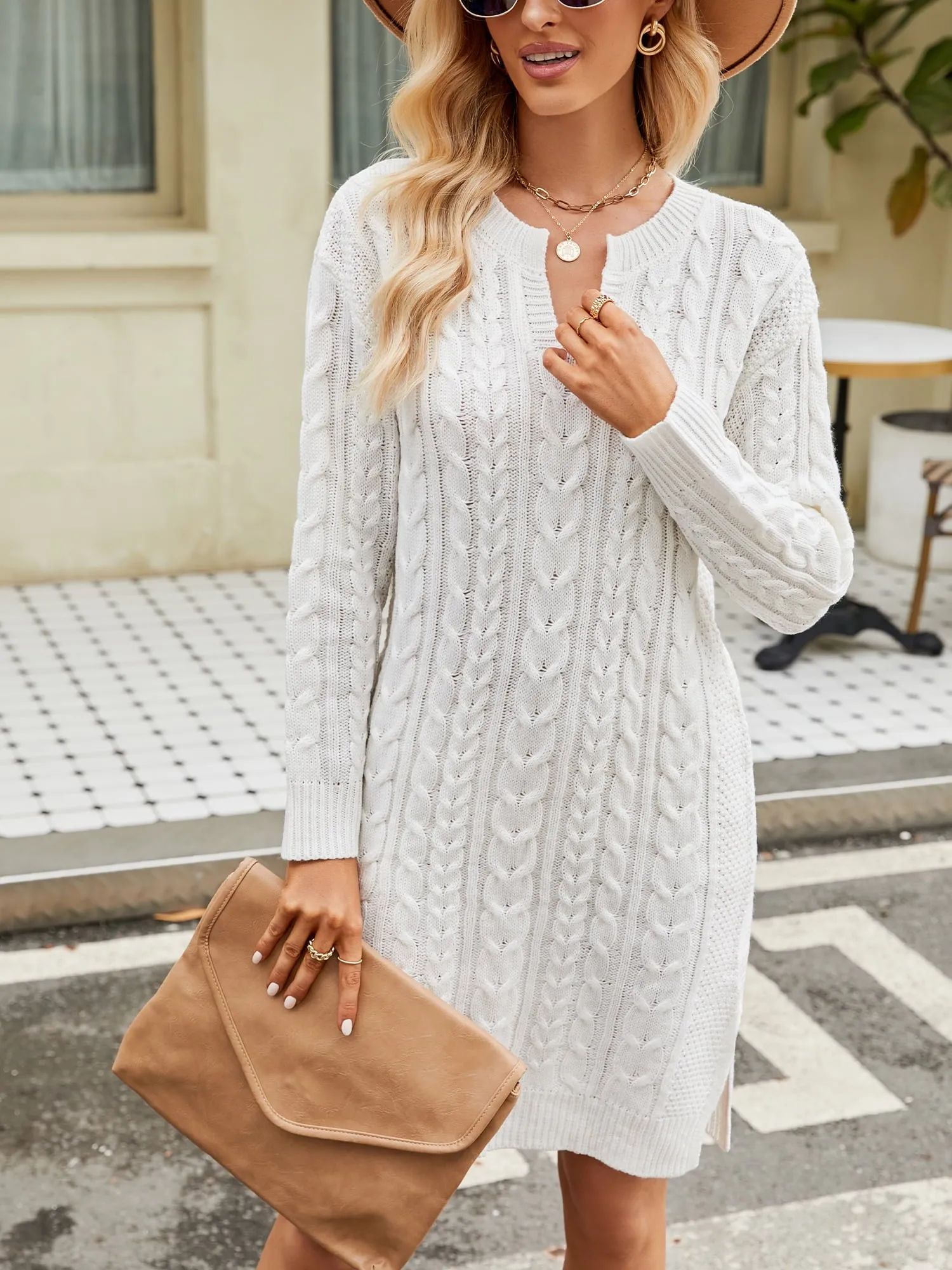 Long Sleeve Split Mini Knitted Cable Dress