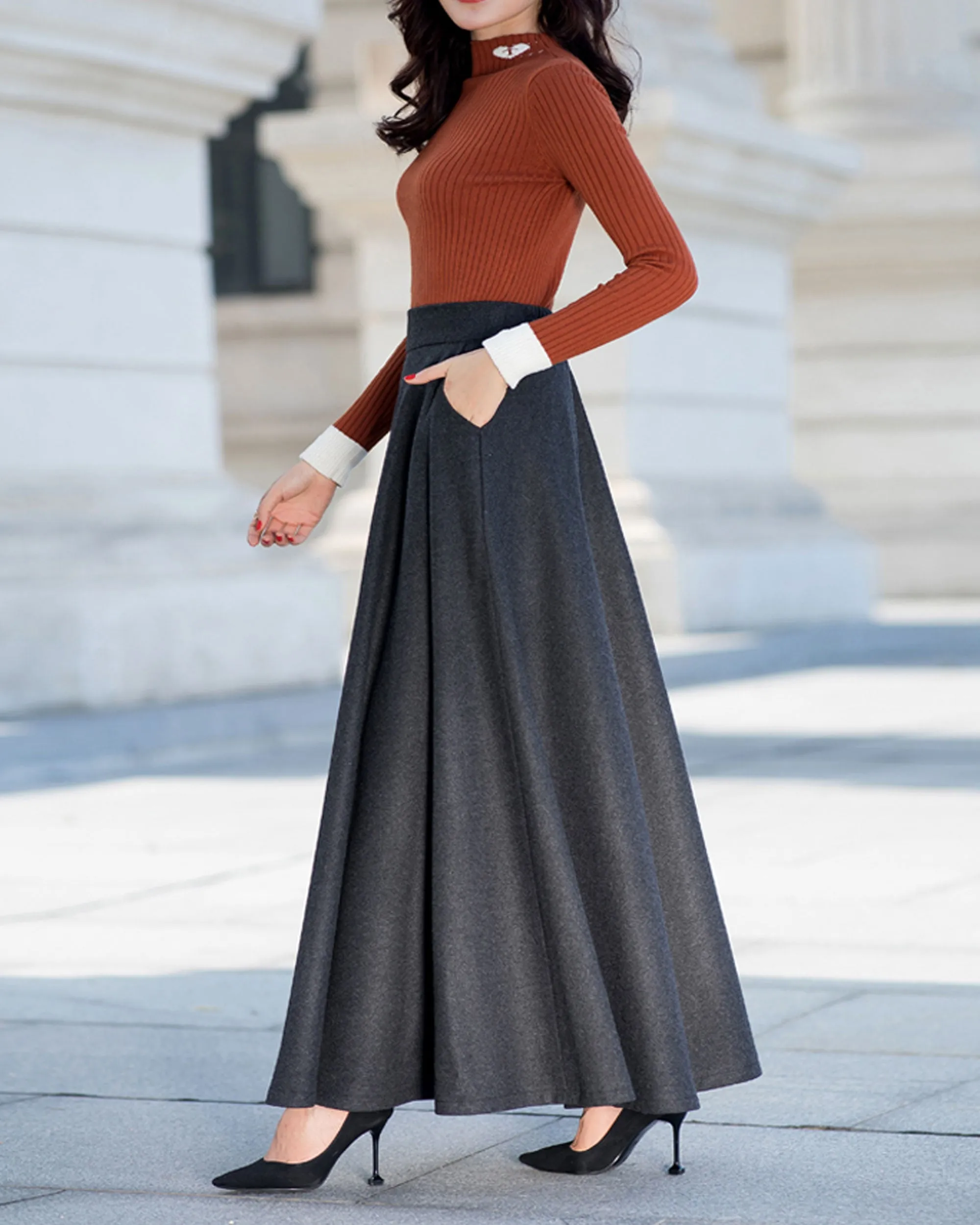 Long wool skirt, Elastic waist skirt, Maxi skirt, Wool skirt, Winter skirt, black skirt, vintage skirt, high waist skirt, wool maxi skirt Q0015