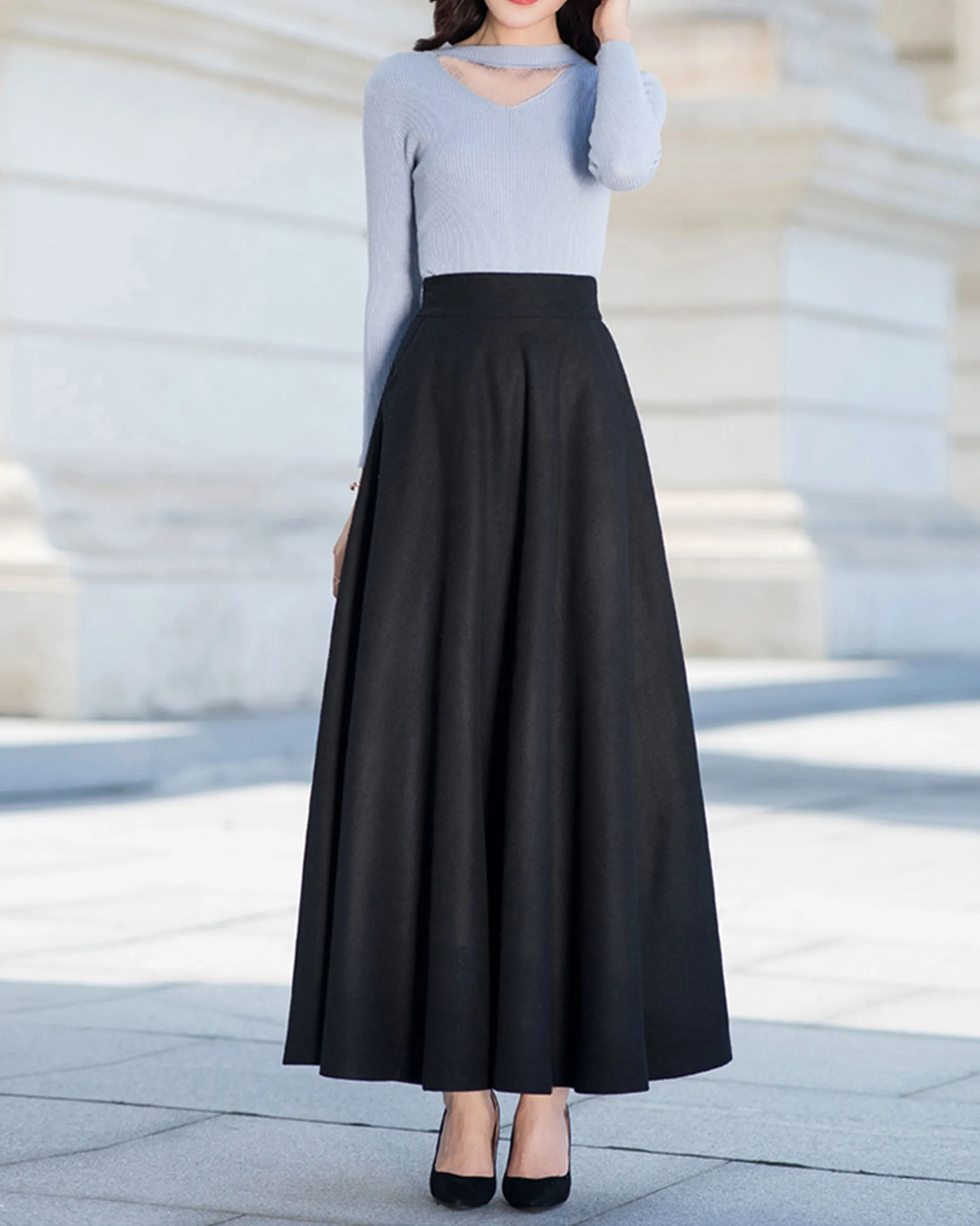 Long wool skirt, Elastic waist skirt, Maxi skirt, Wool skirt, Winter skirt, black skirt, vintage skirt, high waist skirt, wool maxi skirt Q0015